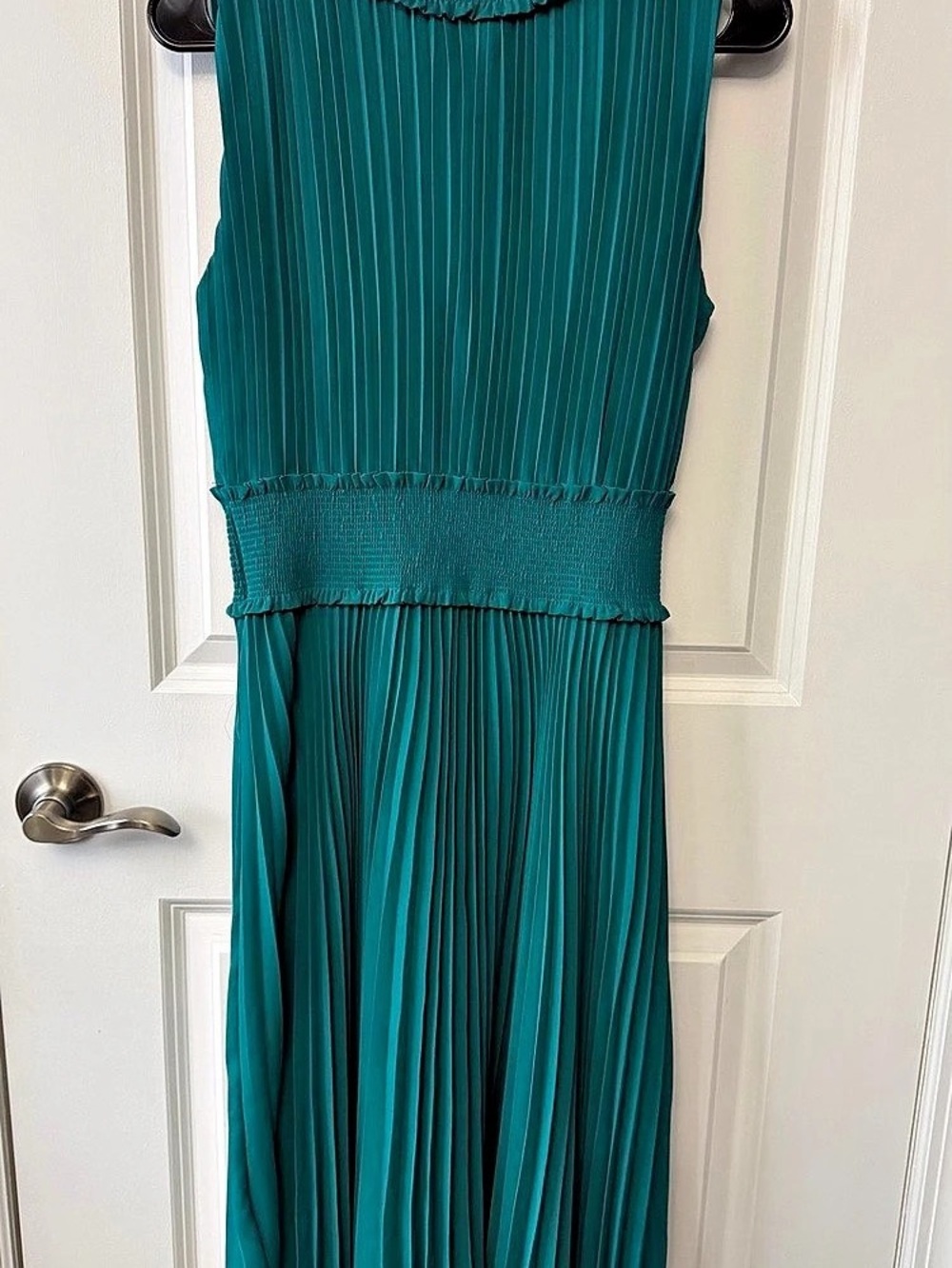 Nanette Lepore Pleated Mock Neck Smocked Waist Midi Dress Green